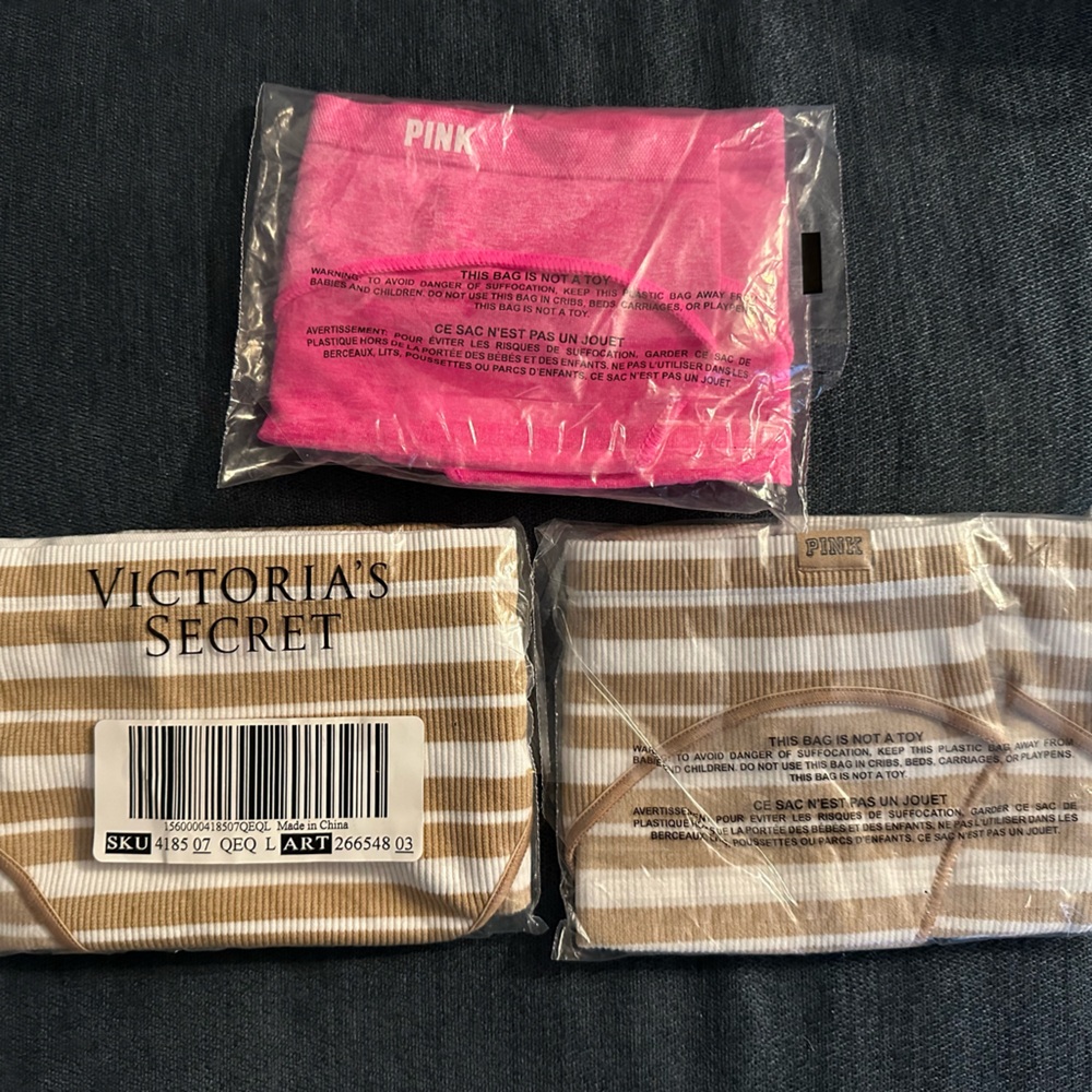Victoria’s Secret PINK seamless underwear tan and white striped, ribbed style.